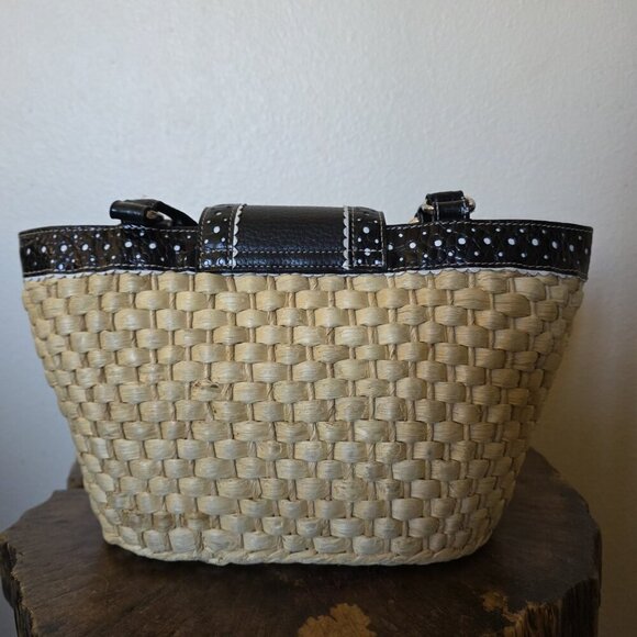 Brighton Straw & Black Leather Woven Tote Bag Heart Charm Polka Dot Trim Purse - Picture 3 of 16